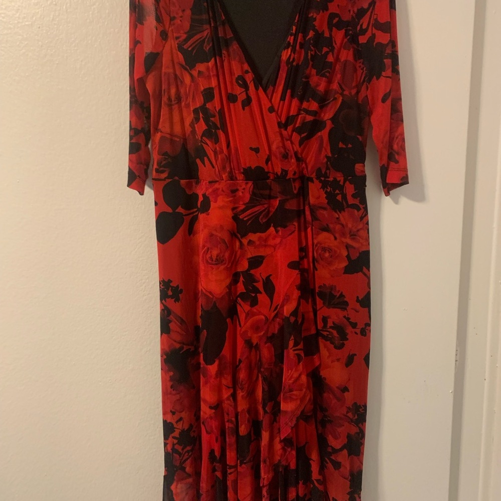 Red Floral Wrap Dress with Black Accents (Travel Wear)
